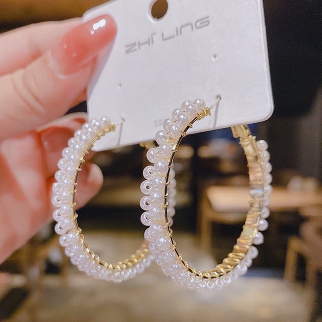 Bông tai khuyên tai vòng tròn đính châu sang chảnh