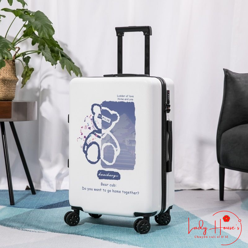 HOT_Vali Tay Kéo Du Lịch In Hình Gấu Dễ Thương Phụ Kiện Đồng Màu Chất Liệu Nhựa PC+ABS Chống Va Đập Hàng Sẵn