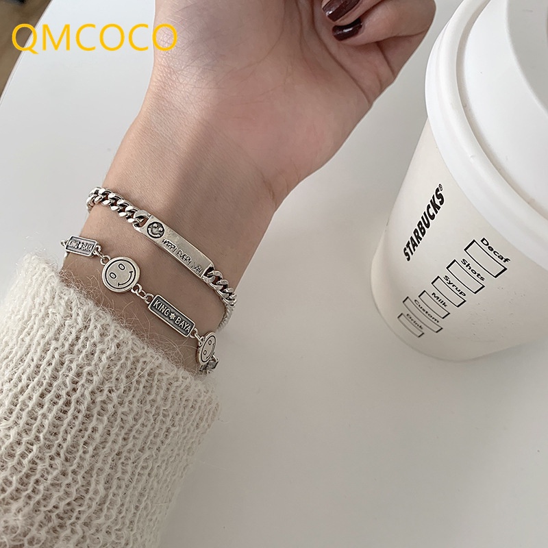 Vòng Tay Bạc Mặt Vuông Khắc Chữ Mặt Cười / Hình Học Màu Sắc Cổ Điển Thời Trang Cho Nữ