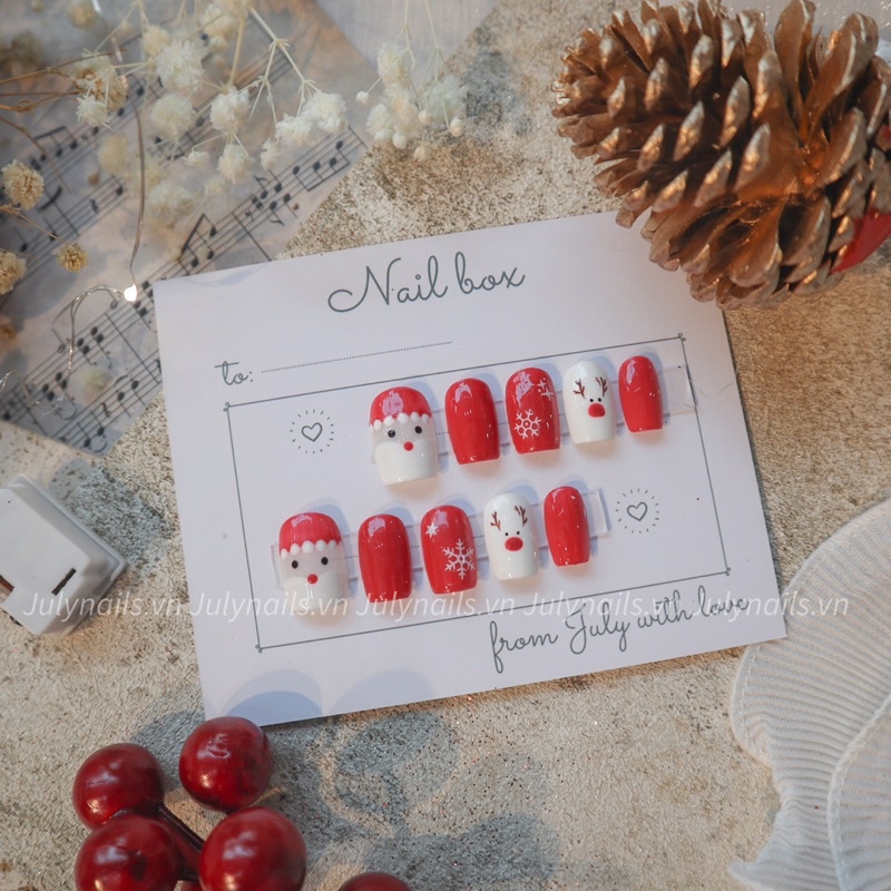 Móng Giả Thiết Kế Noel xmas màu đỏ kim tuyến vẽ hoạt hình cute july nails nb100