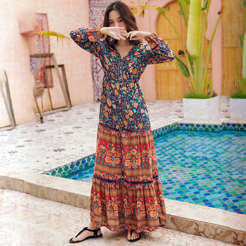 Đầm Cotton Pha Tay Dài In Họa Tiết Thổ Cẩm Nhiều Màu Sắc Size S-xl Phong Cách Bohemian