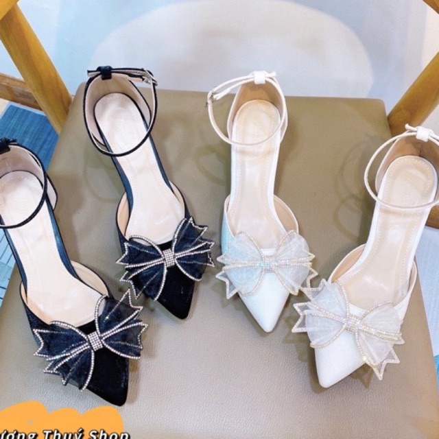 Giày Sandal Cao Gót 5cm Mũi Nhọn Nơ Đính Đá