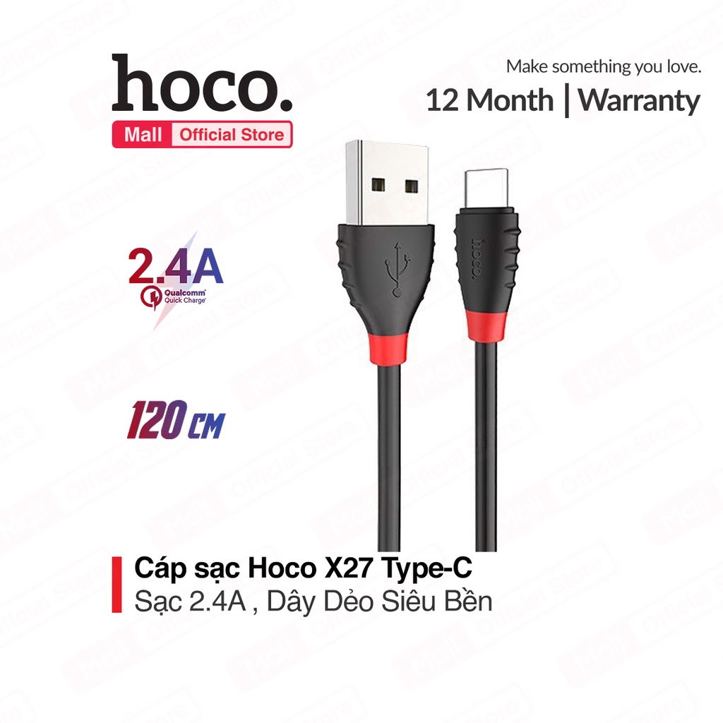 Cáp sạc 2.4A Hoco X27 Type-C dây TPE siêu bền dài 120CM cho Android