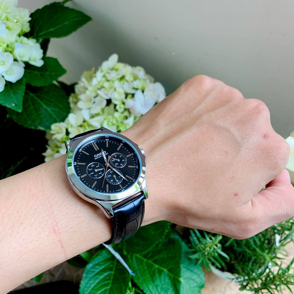 Đồng hồ nam dây da Casio MTP V300L-1AV mặt đen 6 kim chống nước 5ATM Bảo hành 1 năm Hyma watch