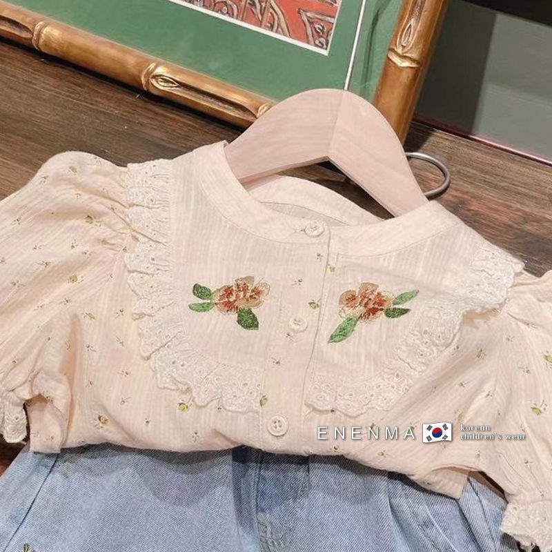 Bộ Áo Sơ Mi In Hoa + Chân Váy Denim Thời Trang Mùa Hè Nhật Hàn 2022 Dành Cho Bé Gái