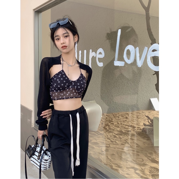 Set Áo Hai Dây Và Áo Khoác cardigan Họa Tiết Hoa Phong Cách Hàn Quốc Thời Trang Mới Cho Nữ