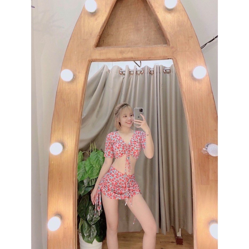 Bikini / Đồ bơi 2 mảnh tay ngắn váy rút dây có lót quần