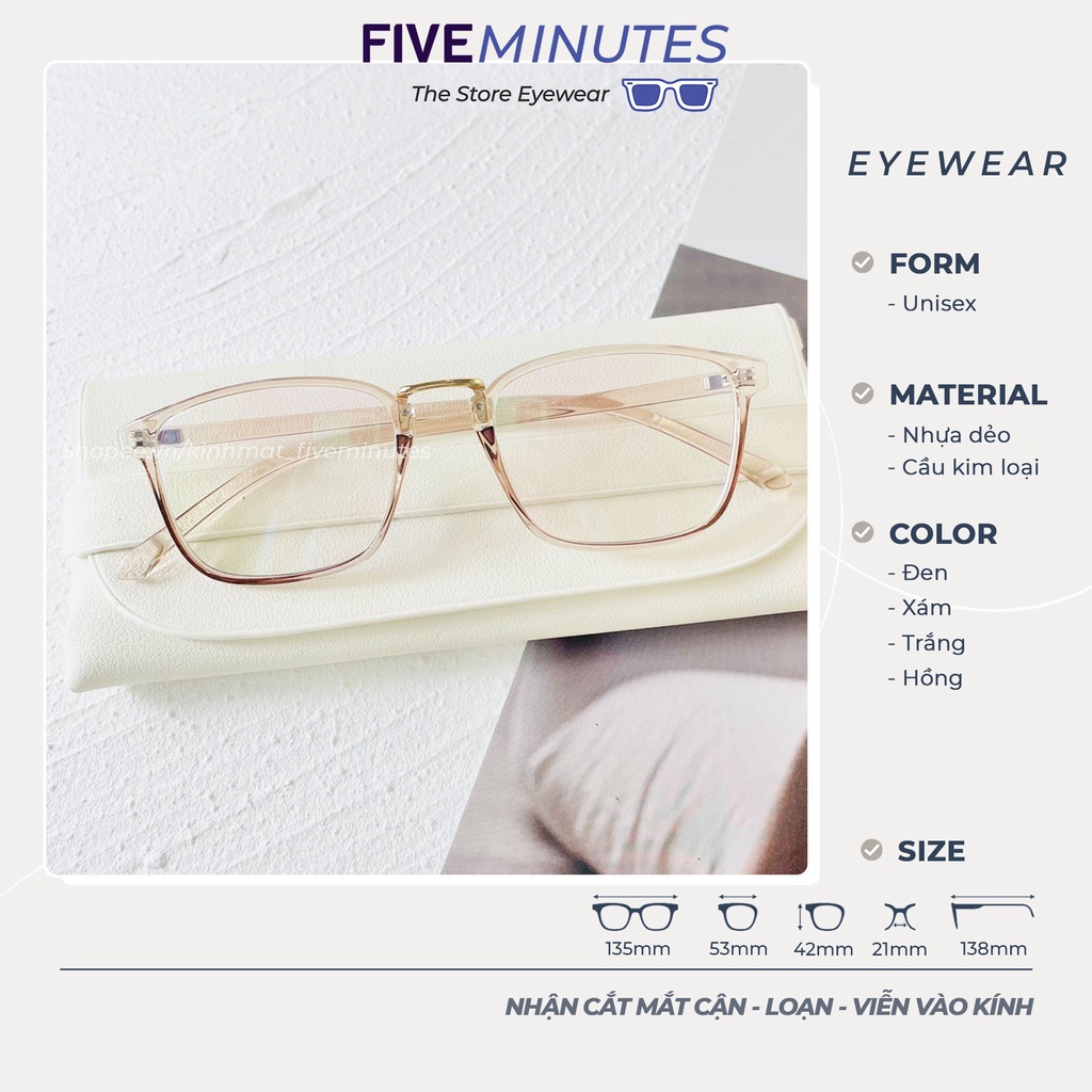 Gọng kính cận nam nữ, chất liệu nhựa dẻo cầu kim loại vuông bầu 210 Fiveminutes Unisex Nam nữ