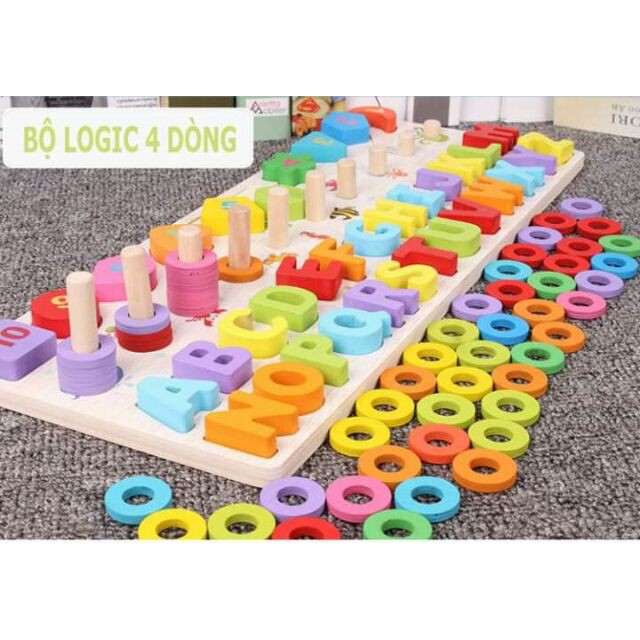 Bảng logic 4 dòng bé học chữ và hình dạng, số đa năng - Montessori