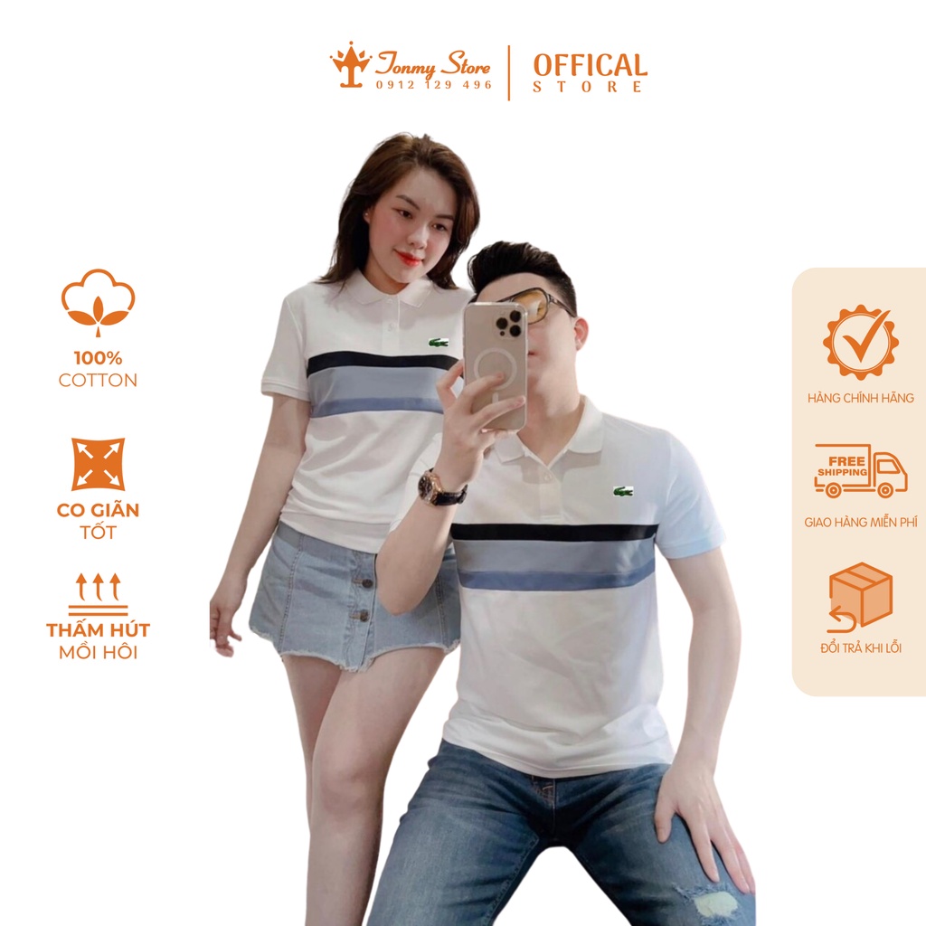 Áo polo nam nữ đính logo cá sấu, Áo đôi polo phối kẻ xanh trước ngực chất cotton thấm hút mồ hôi