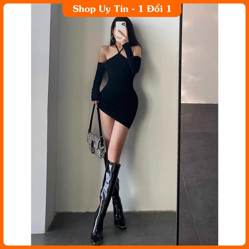 Đầm Body Trễ Vai Tay Dài Tôn Dáng Gợi Cảm Phối Cổ Yếm E Ấp Ngây Thơ D053