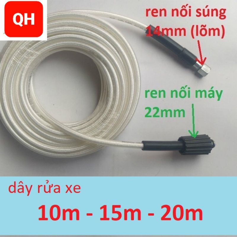 Dây Rửa Xe 10m,15m,20m Cho Máy bơm Xịt Rửa Áp Lực Cao ( Ren nối 22mm - 14mm)