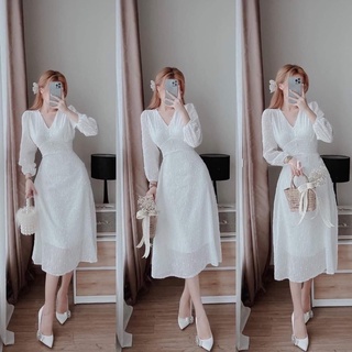 Đầm nữ dự tiệc xoè dáng dài cổ V tôn dáng tay dài