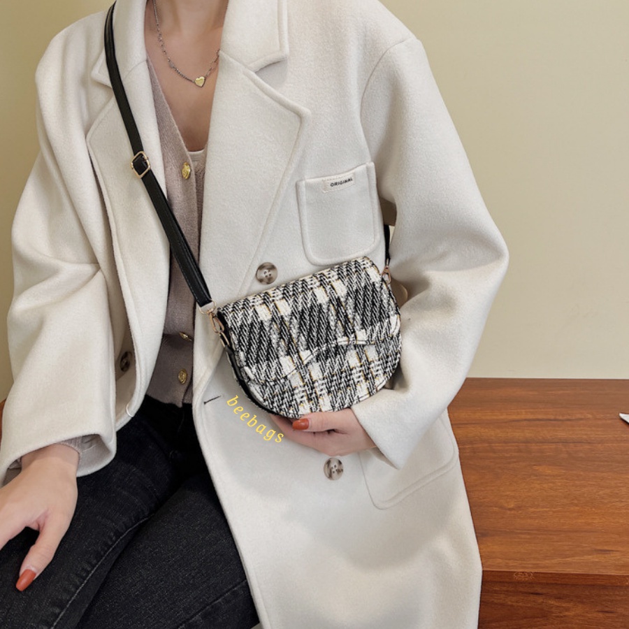 Túi Xách Kẻ Dạ Hình Tròn Basic Màu Đen, Xanh Than Dễ Phối Đồ Đi Chơi | TX16 | Túi Nữ Thiết Kế Dạ Đựng Vừa Điện Thoại