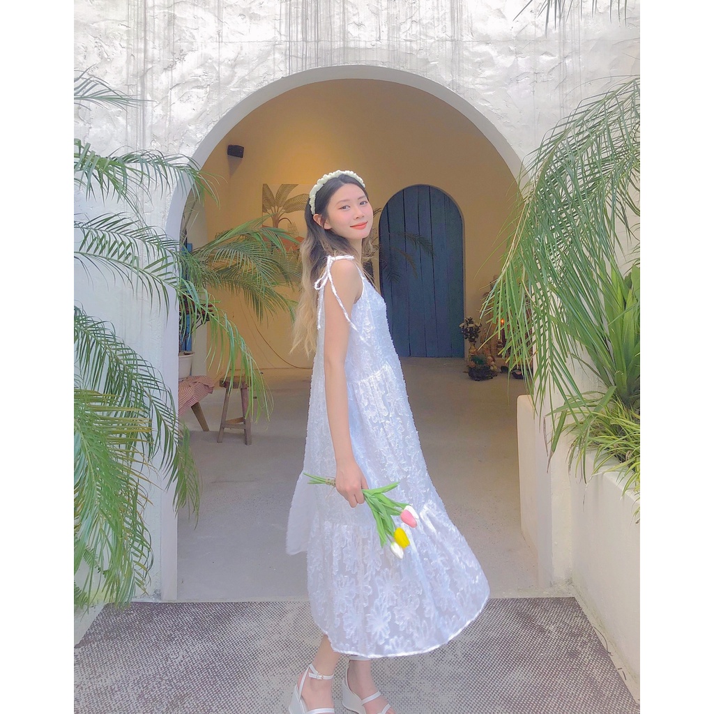 Váy Đầm Hai Dây Hoa Xù Dáng Dài Phong Cách Bánh Bèo Tiểu Thư, Váy Đầm Babydoll dáng dài