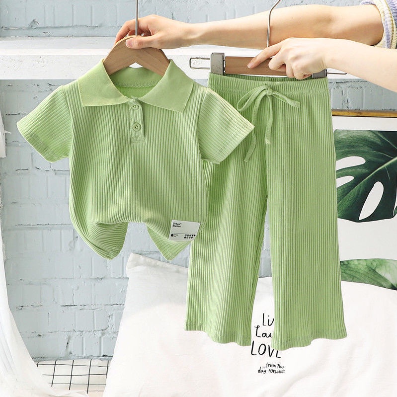 Set Áo Polo + Quần Ống Rộng Chất Liệu Cotton Thời Trang Mùa Hè Cho Bé Gái