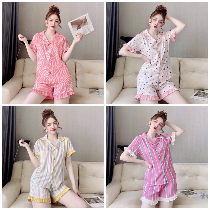 🌸 Vải xịn 🌸  Bộ đồ mặc nhà Pijama sleepwear lụa cao cấp tay nhún quần đùi cộc mặc bao mát mùa hè