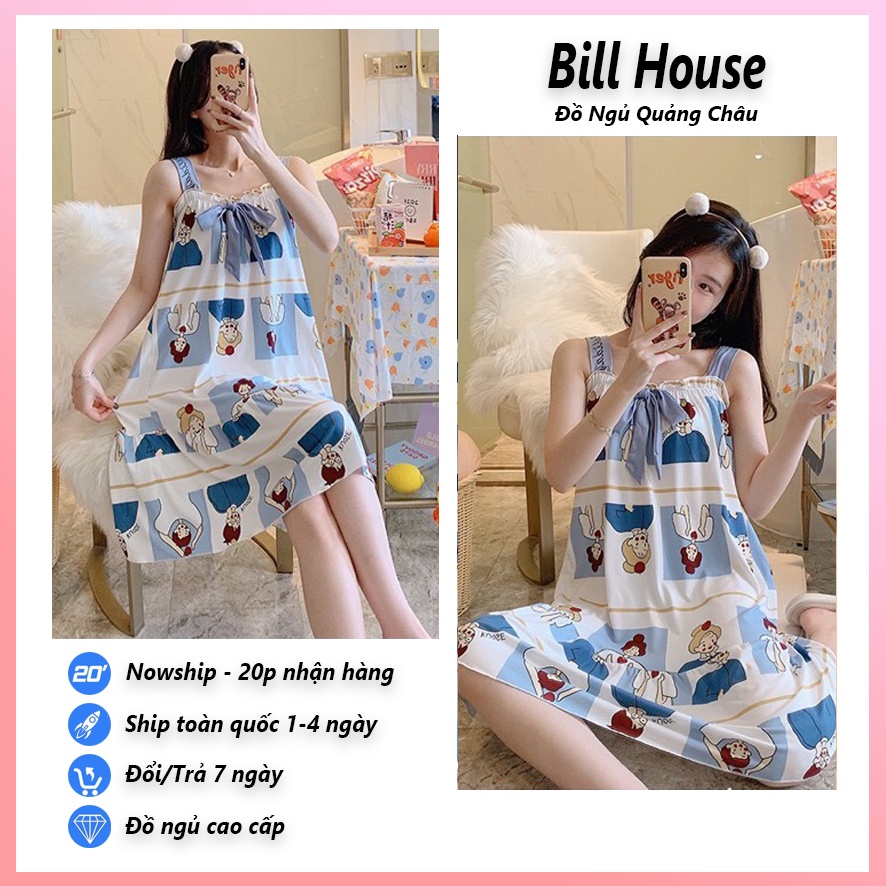 Váy ngủ nữ hai dây dễ thương bigsize qua gối phối nơ cực xinh chất cotton thun sữa mềm mịn VN03