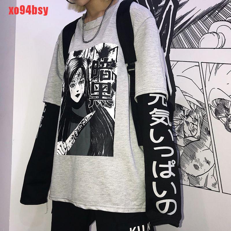 [xo94bsy]Harajuku Japanese Anime Print Women Sweatshirt Fake 2 Pieces Loose Streetwear