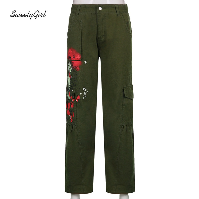 Quần Dài Lưng Thấp Dáng Rộng Có Túi In Họa Tiết Màu Xanh Lá Tương Phản Thời Trang 2022 Cho Nữ