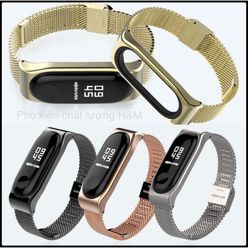 Mi band 3/4/5 - Dây đeo kim loại mắt nhỏ khóa bấm Xiaomi Miband 5 / Miband 3/4