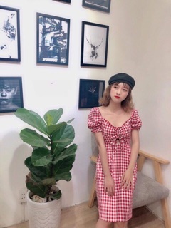 Đầm caro tay phồng