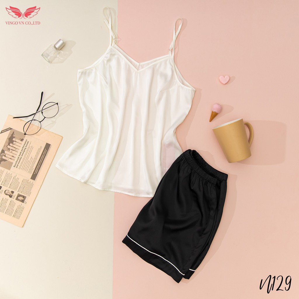 VINGO Bộ Đồ Ngủ Hai Dây Nữ Lụa Pháp Cổ V Họa Tiết Trơn Cao Cấp N129 VNGO | BigBuy360 - bigbuy360.vn