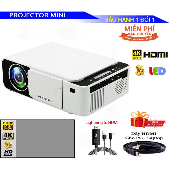 Máy Chiếu T5 Có Độ Phân Giải 1080P. Kèm Dây Kết Nối Iphone, Ipad và Dây TypeC