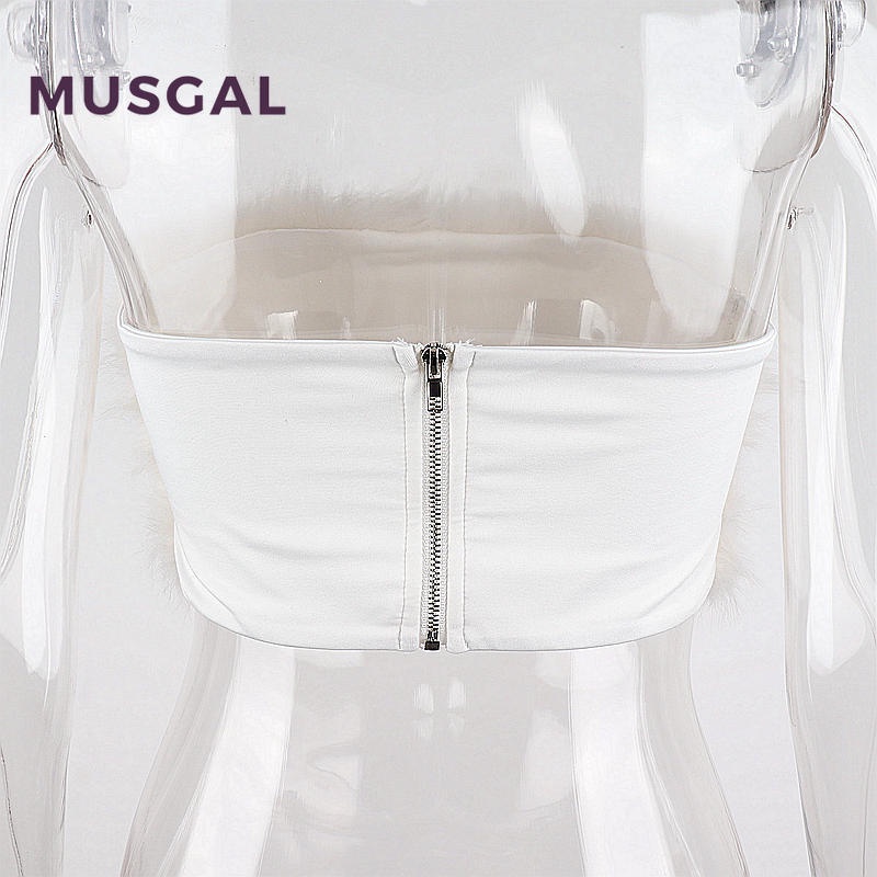 Musgal women tube top fashion furry solid color back zippered slim fit casual all match camisole