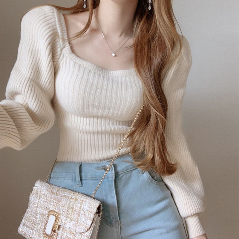 Áo Sweater Dệt Kim Tay Phồng Dài Cổ Vuông Phong Cách Hàn Quốc Thời Trang Cho Nữ