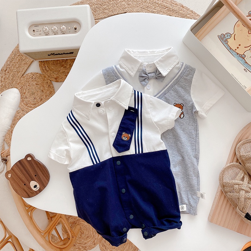 Bộ Áo Liền Quần Giả Hai Mảnh Tay Lửng In Họa Tiết Hoạt Hình Cho Bé Sơ Sinh