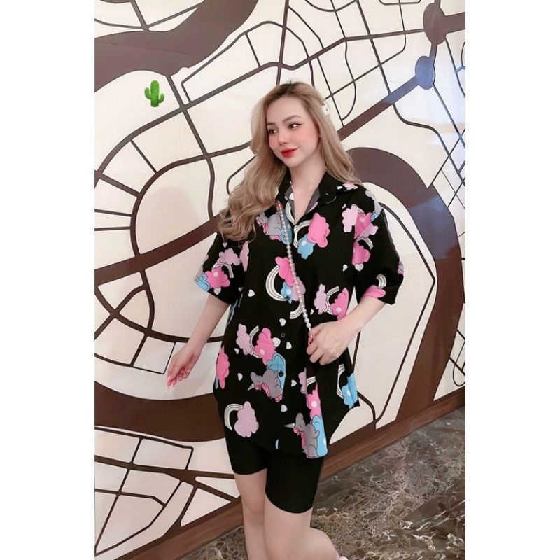 🌺 Áo sơ mi form rộng họa tiết cầu vòng , chất Kate lụa100%, Size<60kg