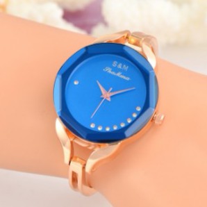 Đồng hồ nữ S&M Dây kim loại mạ Vàng mặt Xanh Dương Hàn Quốc thời trang [Kèm hộp+ pin dự phòng]