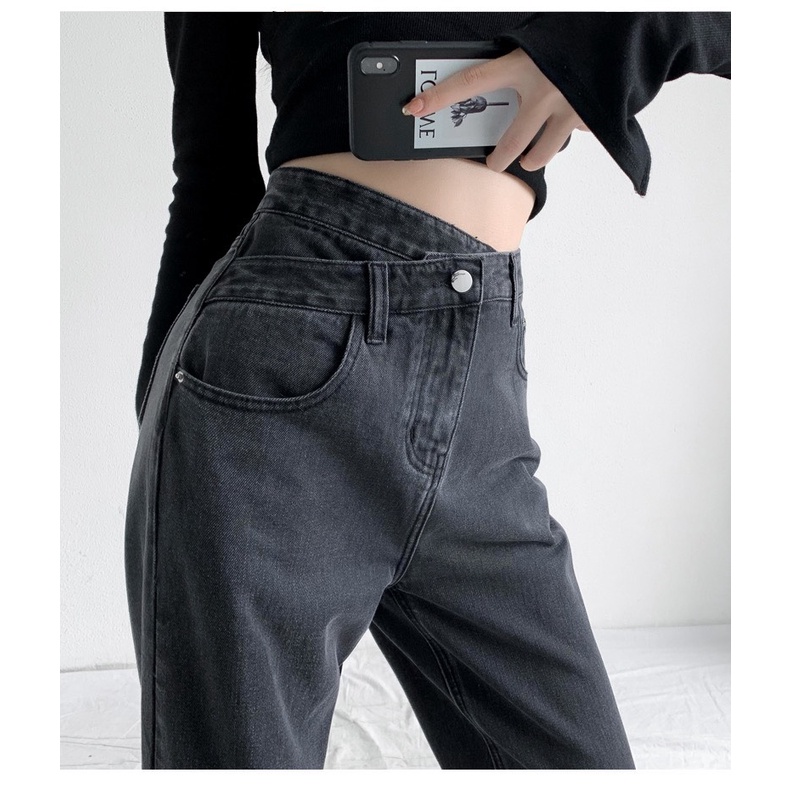 Quần jean nữ FLAKY SHOP cao cấp - Quần jean ống rộng dáng phối đai lạ mắt phong cách cá tính | BigBuy360 - bigbuy360.vn