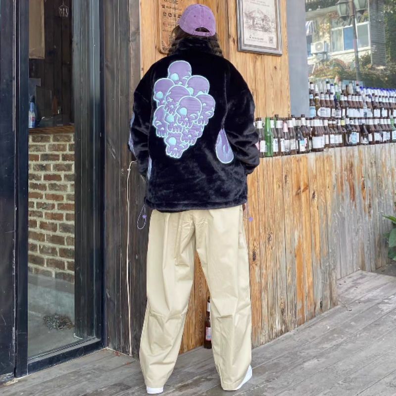 Áo khoác nỉ lông siêu mềm mịn bông xù ấm áp đầu lâu phối chữ hiphop Châu Âu unisex nam nữ