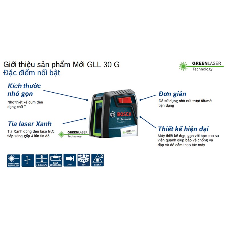 Máy cân mực laser Bosch GLL 30 G tia xanh (Mới)