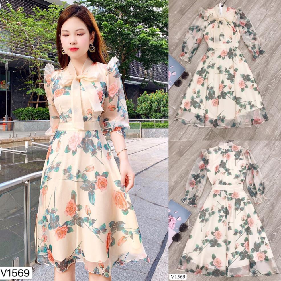 Váy hoa hồng nơ cổ V1569  - ĐẸP SHOP DVC  chính hãng