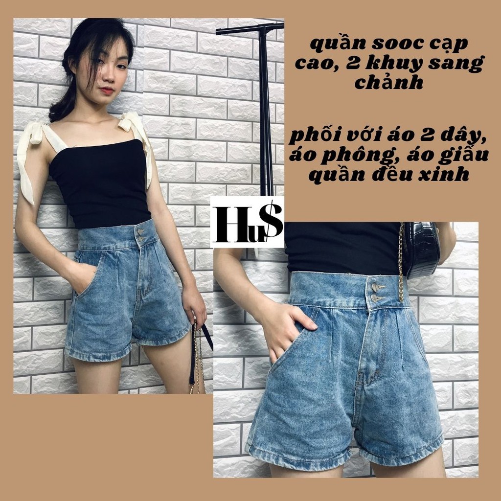 Quần short jean nữ ulzzang cạp cao hai cúc màu xanh cá tính