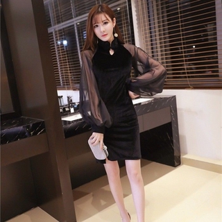 Đầm Sườn Xám Nhung Tay Phồng Ôm Dáng Quyến Rũ Dành Cho Nữ