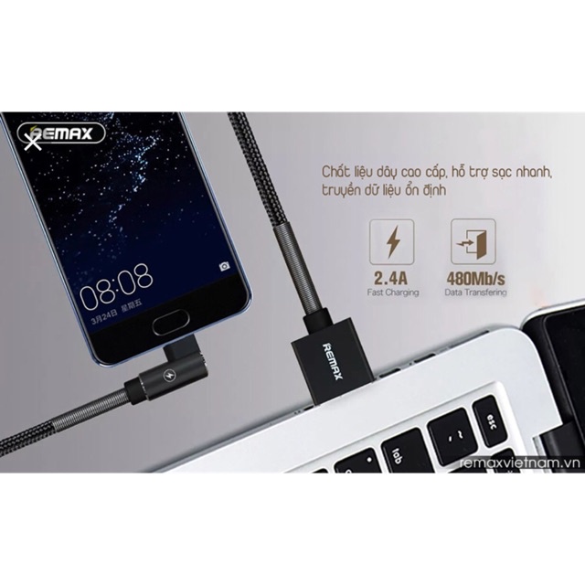 Cáp sạc Remax RC-C002 Chính hãng - Dây sạc nhanh 2.4A  Chữ L Chống Gãy Tiện Lợi Chơi Game Xem phim Minado RPC002