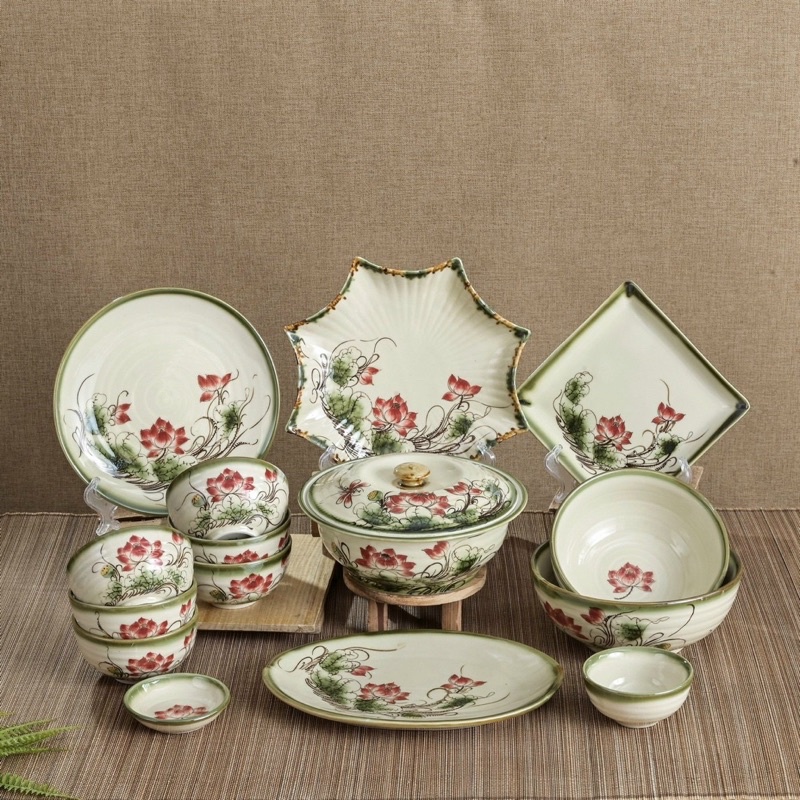 Bộ Bát Đĩa Sứ Men Xanh Vẽ Tay Hoạ Tiết Sen Chén Dĩa Ăn Cơm Tô Canh Làm Quà Tặng Sứ Bát Tràng Cao Cấp