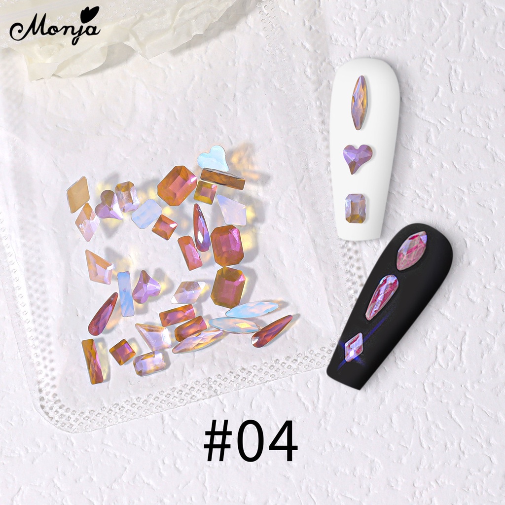 Túi 30 đá đính trang trí móng tay nghệ thuật MONJA aurora 3D AB hình dạng hỗn hợp đáy dẹt DIY thời trang