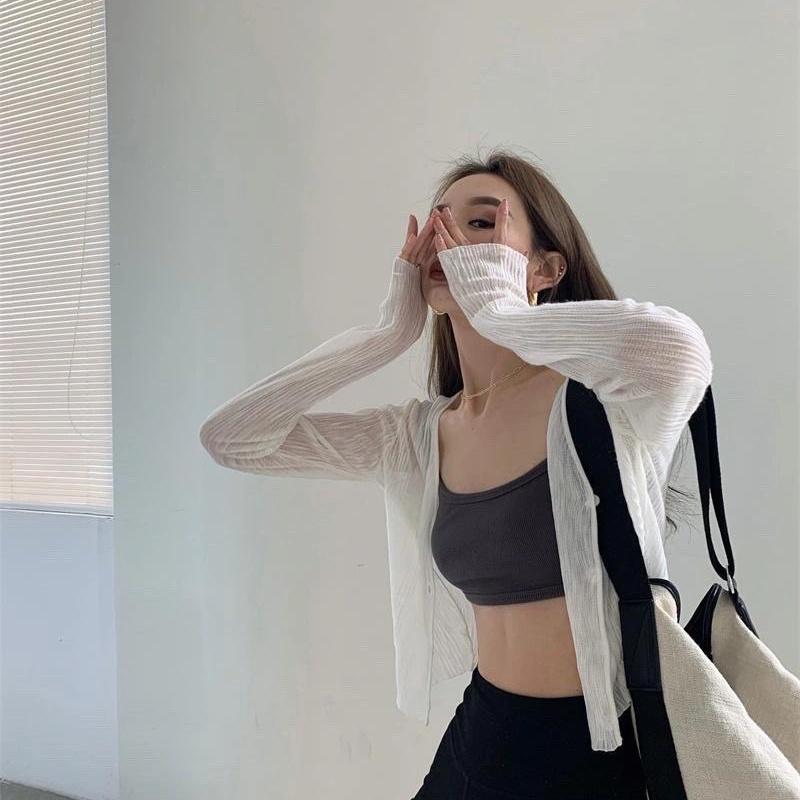 Áo Khoác cardigan Dệt Kim Mỏng Tay Dài Cổ Chữ v Chống Nắng Thời Trang Mùa Hè Cho Nữ