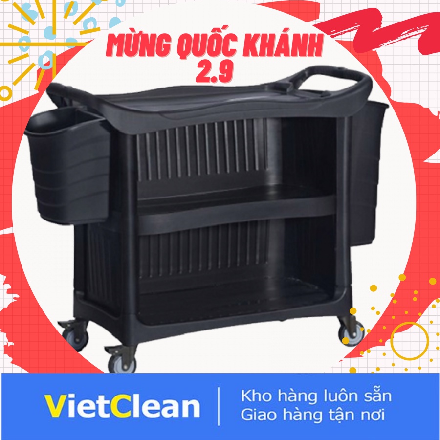 Xe đẩy thức ăn nhà hàng VIETCLEAN, nhựa PP cao cấp, 3 mặt tầng phẳng, 4 bánh xe xoay 360 độ, 2 tay cầm bằng nhựa