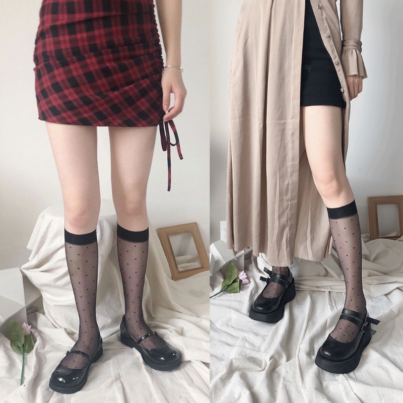 Vớ lưới xuyên thấu cao tới đầu gối họa tiết chấm bi phong cách Lolita thời trang quyến rũ cho nữ