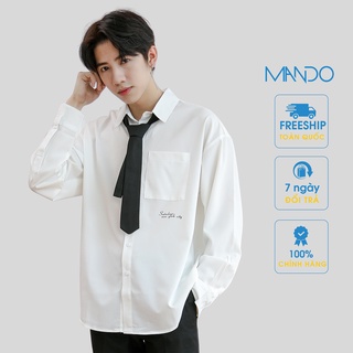 Áo Sơ Mi Lụa Nam MANDO Trắng Kèm Cà Vạt Đen Có Chữ In Dưới Túi Áo Trẻ Trung Lịch Lãm Phong Cách Hàn Quốc - SMD102