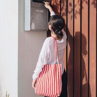 Túi vải dù Tote bag kẻ màu đen