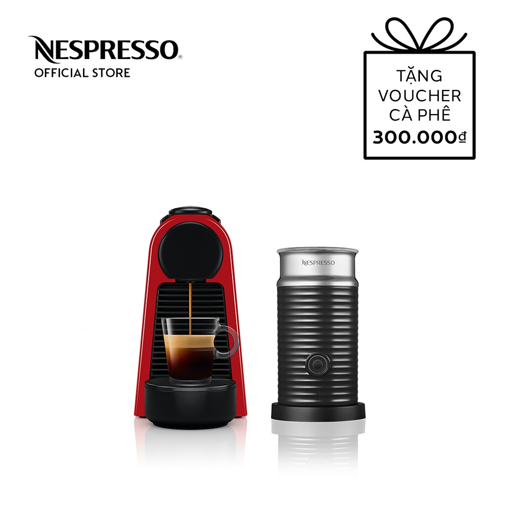 Bộ máy pha cà phê Nespresso Essenza Mini - Đỏ &amp; máy đánh sữa Aeroccino 3