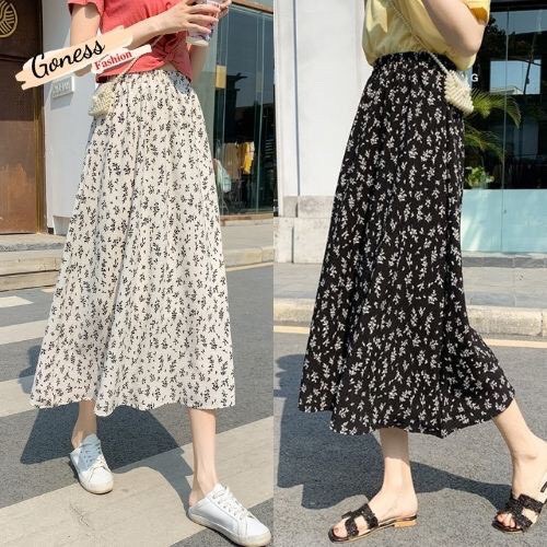 Chân váy hoa nhí von lụa dáng dài phong cách vintage