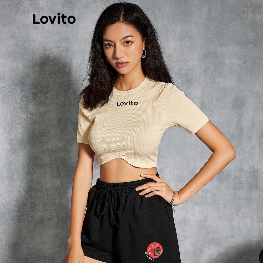 Lovito Áo Thun Crop Top In Chữ L20E013 (Màu Be)